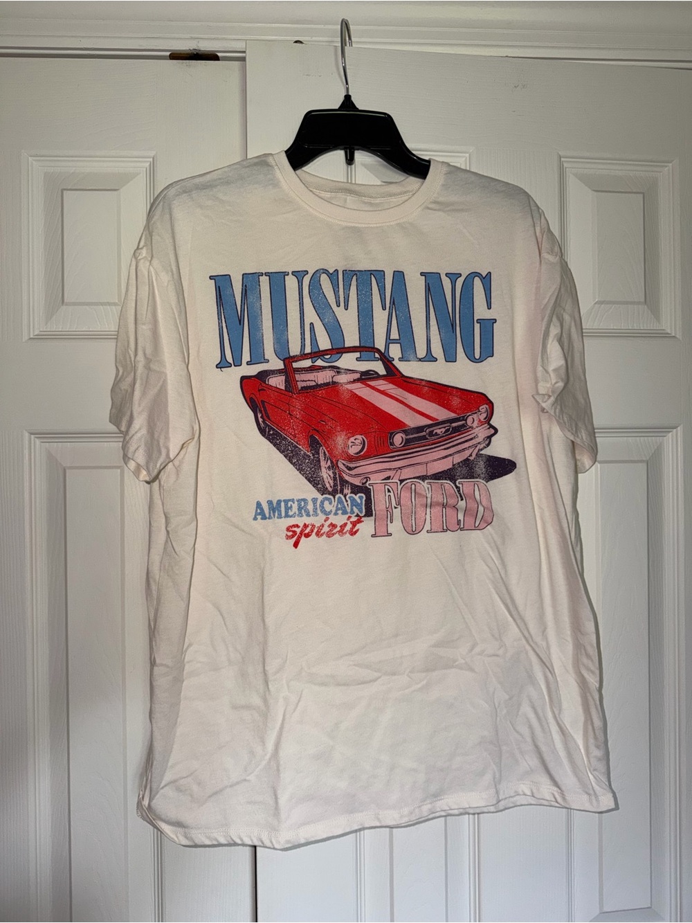Ford White Tee with Red Car and Blue 'MUSTANG' Print